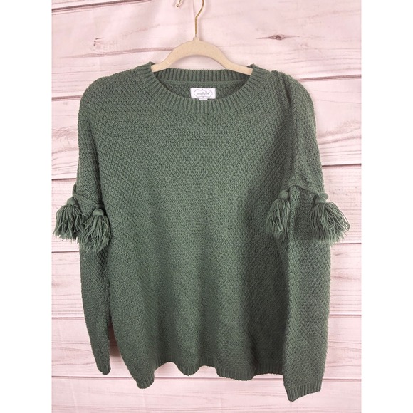 Mud Pie Sweaters - Mud Pie Green Textured Knit Tassel Sleeve Sweater Womens Medium Pullover
